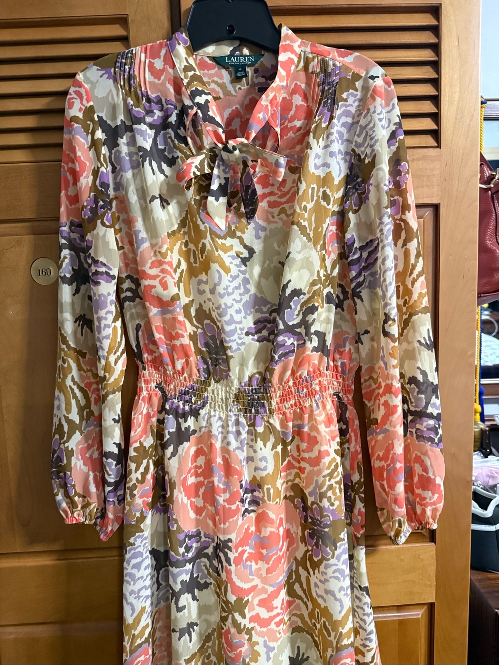 Lauren Ralph Lauren Coral, Cream & Purple Floral Tie-Neck Midi Dress